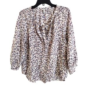 Joie tan, brown & white 100% silk top with neck tie size medium